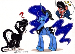 Size: 1710x1230 | Tagged: safe, artist:newyorkx3, princess luna, oc, oc:tommy, oc:tommy junior, alicorn, earth pony, human, pony, g4, accessory theft, clothes, colt, female, hat, male, prank, question mark, suit, traditional art