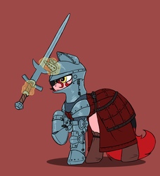 Size: 1820x2000 | Tagged: safe, artist:dipfanken, pony, unicorn, armor, claymore, female, helmet, magic, mare, platemail, raised hoof, red background, simple background, solo