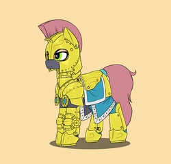 Size: 1473x1411 | Tagged: safe, artist:dipfanken, earth pony, pony, armor, female, freckles, guardsmare, helmet, mare, plate armor, platemail, royal guard, simple background, solo, yellow background