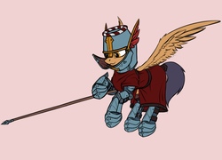 Size: 2000x1441 | Tagged: safe, artist:dipfanken, pegasus, pony, ambiguous gender, armor, flying, helmet, platemail, simple background, solo, spear, weapon, wings