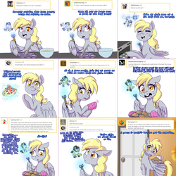 Size: 2254x2254 | Tagged: safe, artist:jitterbugjive, derpy hooves, oc, oc:neosurgeon, pony, lovestruck derpy, g4, batter, butter, chibi, doctor who, food, high res, hologram, key, mittens, muffin, oven, sonic screwdriver