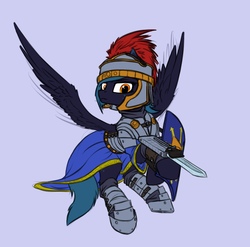 Size: 1232x1216 | Tagged: safe, artist:dipfanken, pony, armor, blade, byzantines, female, flying, freckles, helmet, hoof blades, mare, plate armor, shield, simple background, solo, wings