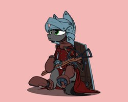 Size: 1263x1008 | Tagged: safe, artist:dipfanken, earth pony, pony, armor, crossbow, helmet, horseshoes, shield, simple background, sitting