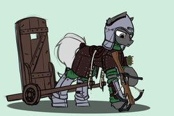 Size: 1649x1101 | Tagged: safe, artist:dipfanken, earth pony, pony, armor, colored, crossbow, flat colors, green background, helmet, leather armor, male, mantlet, shield, simple background, solo, stallion