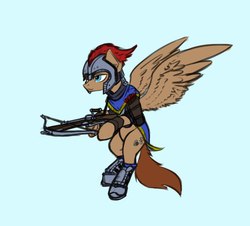 Size: 969x875 | Tagged: safe, artist:dipfanken, oc, oc only, oc:atlas66, pegasus, pony, armor, blue background, crossbow, cutie mark, flying, helmet, simple background, solo, wings