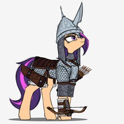 Size: 1169x1165 | Tagged: safe, artist:dipfanken, oc, oc only, oc:amethyst arkin, earth pony, pony, armor, arrow, bow (weapon), chainmail, crossbow, female, gray background, helmet, mare, quiver, scale armor, simple background, solo