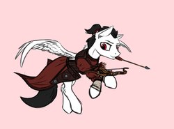 Size: 1308x970 | Tagged: safe, artist:dipfanken, pegasus, pony, armor, arrow, bow, crossbow, flying, male, mouth hold, ponytail, simple background, solo, stallion, wings