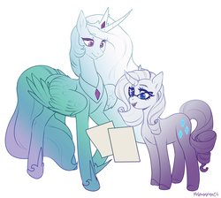 Size: 3880x3480 | Tagged: safe, artist:helemaranth, princess celestia, rarity, alicorn, pony, unicorn, g4, curved horn, duo, duo female, female, glasses rarity, gradient, high res, horn, paper