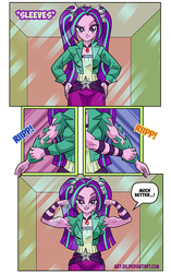 Size: 544x866 | Tagged: safe, artist:art-2u, aria blaze, equestria girls, g4, aria brute, aria buff, armpits, biceps, clothes, clothing damage, comic, female, flexing, mirror, muscles, muscular female, pigtails, ripping clothes, sleeveless, smiling, solo, twintails