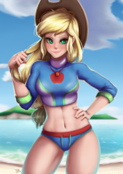 Size: 706x1000 | Tagged: safe, artist:the-park, applejack, human, equestria girls, g4, adorasexy, applejack's beach shorts swimsuit, applejack's hat, beach, beach babe, belly button, clothes, cloud, cowboy hat, cute, female, geode of super strength, hat, human coloration, jackabetes, looking at you, magical geodes, midriff, ocean, sexy, sky, smiling, solo, stupid sexy applejack, swimsuit