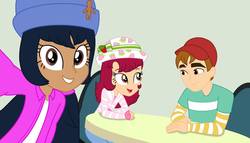 Size: 1184x675 | Tagged: safe, artist:yaya54320, artist:yaya54320bases, equestria girls, g4, barely eqg related, base used, clothes, crossover, equestria girls style, equestria girls-ified, ginger snap (strawberry shortcake), hanging out, hat, huckleberry pie, strawberry shortcake, strawberry shortcake (character)