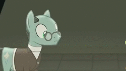 Size: 640x360 | Tagged: safe, screencap, cheese sandwich, sans smirk, earth pony, pony, g4, the last laugh, animated, clothes, glasses, hat, lighting, sound, spotlight, suit, top hat, webm