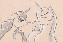 Size: 5077x3398 | Tagged: safe, artist:peruserofpieces, princess celestia, princess luna, alicorn, pony, g4, female, floppy ears, pencil drawing, playful, raspberry, siblings, sisters, smiling, toned paper, tongue out, traditional art