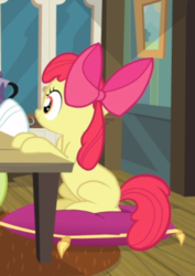 Size: 402x567 | Tagged: safe, screencap, apple bloom, earth pony, pony, apple family reunion, g4, bow, cropped, female, filly, hair bow, offscreen character, pillow, sitting, smiling, solo focus, table