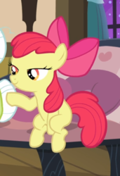 Size: 451x658 | Tagged: safe, screencap, apple bloom, earth pony, pony, apple family reunion, g4, bow, cropped, female, filly, hair bow, lidded eyes, offscreen character, pointing, raised hoof, sitting, smiling, solo focus