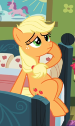 Size: 358x603 | Tagged: safe, screencap, applejack, earth pony, pony, apple family reunion, g4, bed, cropped, female, hoof on head, mare, messy mane, raised hoof, sitting, solo, tired
