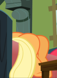 Size: 468x634 | Tagged: safe, screencap, applejack, earth pony, pony, apple family reunion, g4, bed, belly, cropped, female, legs, lying down, mare, pictures of legs, sitting, solo