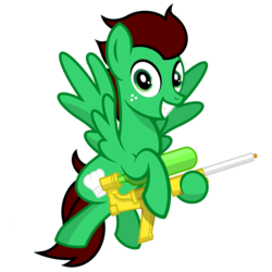 Size: 2500x2500 | Tagged: safe, artist:pizzamovies, oc, oc only, oc:northern haste, pegasus, pony, 2020 community collab, derpibooru community collaboration, flying, high res, male, show accurate, simple background, solo, super soaker, super soaker 50, transparent background, watergun