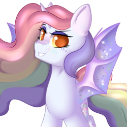Size: 3000x3000 | Tagged: safe, artist:xcinnamon-twistx, oc, oc:candy lace, alicorn, bat pony, bat pony alicorn, pony, alicorn oc, commission, flowing mane, high res, horn, looking at you, pastel, proud, simple background, spread wings, transparent background, wings