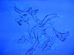 Size: 1583x1177 | Tagged: safe, alternate version, artist:puddingskinmcgee, changeling, glowing, magic, solo, traditional art