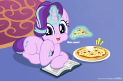 Size: 5659x3738 | Tagged: safe, artist:jhayarr23, edit, starlight glimmer, pony, unicorn, g4, betrayal, book, bronybait, chipmunk cheeks, cute, dialogue, eating, emanata, female, food, glimmerbetes, glowing horn, hoof on cheek, horn, looking at you, magic, mare, messy eating, moral event horizon, open mouth, pineapple pizza, pizza, prone, show accurate, solo, talking to viewer, telekinesis, that pony sure does love pineapple pizza