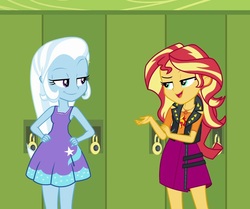 Size: 1192x997 | Tagged: safe, edit, edited screencap, editor:thomasfan45, screencap, sunset shimmer, trixie, human, equestria girls, equestria girls series, forgotten friendship, g4, canterlot high, clothes, cropped, cute, diatrixes, dress, duo, female, geode of empathy, hallway, hand on hip, lidded eyes, lockers, magical geodes, raised eyebrow
