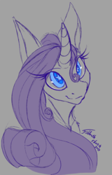 Size: 769x1200 | Tagged: safe, artist:foldeath, rarity, pony, unicorn, g4, bust, curved horn, female, horn, monochrome, partial color, portrait, simple background, sketch, smiling, solo, starry eyes, stray strand, three quarter view, wingding eyes