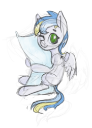 Size: 570x788 | Tagged: safe, artist:laptopdj, oc, oc only, pegasus, pony, pillow, simple background, solo, white background