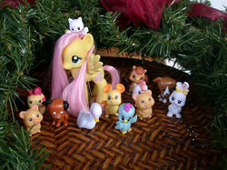 Size: 455x341 | Tagged: safe, artist:phasingirl, fluttershy, bird, cat, dog, duck, hamster, rabbit, g4, animal, christmas, christmas decoration, customized toy, holiday, irl, photo, that pony sure does love animals, toy