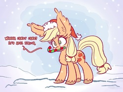 Size: 1200x900 | Tagged: safe, artist:heir-of-rick, applejack, earth pony, pony, g4, appul, big ears, candy, candy cane, christmas, cute, female, food, hat, holiday, impossibly large ears, jackabetes, mare, mouth hold, santa hat, snow, solo