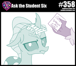 Size: 800x690 | Tagged: safe, artist:sintakhra, ocellus, silverstream, changedling, changeling, classical hippogriff, hippogriff, tumblr:studentsix, g4, annoyed, claw hold, cute, diaocelles, female, horn, horn impalement, horn spike, looking at you, mundane utility, note, notes, ocellus is not amused, offscreen character, post-it, unamused, writing