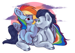 Size: 1400x1000 | Tagged: source needed, safe, artist:ariamidnighters, rainbow dash, soarin', pony, g4, cloud, female, looking at each other, male, ship:soarindash, shipping, straight, sunset