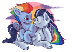 Size: 1400x1000 | Tagged: source needed, safe, artist:ariamidnighters, rainbow dash, soarin', pony, g4, the last problem, cloud, female, looking at each other, male, older, older rainbow dash, older soarin', older soarindash, ship:soarindash, shipping, straight, sunset