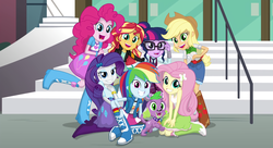 Size: 2978x1622 | Tagged: safe, edit, edited screencap, screencap, applejack, fluttershy, pinkie pie, rainbow dash, rarity, sci-twi, spike, spike the regular dog, sunset shimmer, twilight sparkle, dog, equestria girls, g4, my little pony equestria girls: friendship games, canterlot high, clothes, crystal prep academy uniform, cute, dashabetes, diapinkes, group photo, humane five, humane seven, humane six, jackabetes, logo, open mouth, photo, raribetes, right there in front of me, school uniform, shimmerbetes, shyabetes, smiling, spikabetes, twiabetes, upscaled, waifu2x