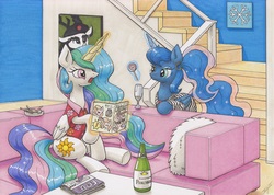 Size: 4620x3290 | Tagged: safe, artist:xeviousgreenii, princess celestia, princess luna, alicorn, pony, g4, alternate hairstyle, candy, champagne glass, che guevara, clothes, ear piercing, earring, female, food, hawaiian shirt, jewelry, lollipop, magic, mare, piercing, ponytail, shirt, stairs, traditional art, wine bottle