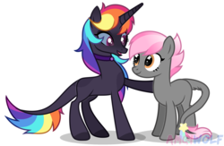 Size: 2277x1485 | Tagged: safe, artist:amgiwolf, oc, oc only, oc:candy sweetti, oc:moonlight rainbow, earth pony, pony, unicorn, colored hooves, female, horn, mare, multicolored hair, rainbow hair, simple background, smiling, starry eyes, transparent background, unicorn oc, wingding eyes