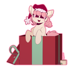 Size: 2000x1927 | Tagged: safe, artist:hagalazka, oc, oc only, oc:hopple scotch, earth pony, pony, christmas, female, hat, holiday, mare, pigtails, present, santa hat, simple background, smiling, solo, transparent background, ych result