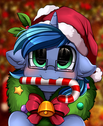 Size: 1446x1764 | Tagged: safe, artist:pridark, oc, oc only, oc:blue cola, pony, unicorn, bell, blushing, candy, candy cane, christmas, commission, cute, food, hat, holiday, male, mouth hold, ocbetes, pridark's christmas ponies, santa hat, solo, wreath, ych result