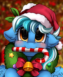 Size: 1446x1764 | Tagged: safe, artist:pridark, oc, oc only, oc:wind sail, pegasus, pony, bell, blushing, candy, candy cane, christmas, commission, cute, food, hat, holiday, male, mouth hold, ocbetes, pridark's christmas ponies, santa hat, solo, wreath, ych result