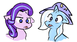 Size: 387x215 | Tagged: safe, artist:zutcha, starlight glimmer, trixie, pony, unicorn, g4, :p, cross-eyed, cute, duo, floppy ears, mlem, silly, simple background, tongue out, white background