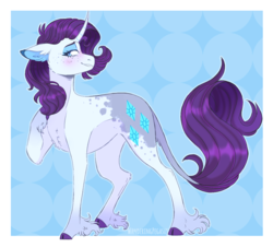 Size: 1134x1024 | Tagged: safe, artist:wanderingpegasus, rarity, classical unicorn, pony, unicorn, g4, blue background, blushing, cloven hooves, colored hooves, curved horn, digital art, female, hoof on chest, horn, leonine tail, mare, simple background, solo, unshorn fetlocks
