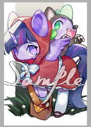 Size: 385x536 | Tagged: safe, artist:puzi, spike, twilight sparkle, alicorn, dragon, pony, g4, animal costume, apple, baguette, basket, bread, clothes, cosplay, costume, cute, duo, female, food, little red riding hood, male, mare, no pupils, obtrusive watermark, open mouth, spikabetes, twiabetes, twilight sparkle (alicorn), watermark, wolf costume