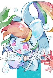 Size: 500x740 | Tagged: safe, artist:puzi, rainbow dash, merpony, pony, seapony (g4), g4, bubble, coral, cute, dashabetes, female, fish tail, flowing mane, flowing tail, jewelry, mare, necklace, no pupils, obtrusive watermark, ocean, open mouth, open smile, pearl necklace, pink eyes, scales, seaponified, seapony rainbow dash, seashell, seashell necklace, seaweed, smiling, solo, species swap, swimming, tail, underwater, water, watermark