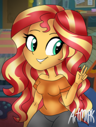 Size: 1536x2048 | Tagged: safe, artist:artmlpk, sunset shimmer, equestria girls, g4, clothes, cute, female, leggings, looking back, peace sign, shimmerbetes, sitting, smiling, solo