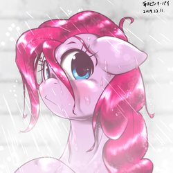 Size: 1536x1536 | Tagged: safe, artist:kurogewapony, pinkie pie, earth pony, pony, g4, bust, cute, diapinkes, female, floppy ears, mare, portrait, rain, solo, wet mane