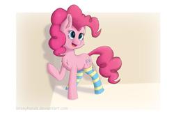 Size: 1024x716 | Tagged: safe, artist:bronyhands, pinkie pie, earth pony, pony, g4, cheek fluff, chest fluff, clothes, cute, diapinkes, ear fluff, female, mare, socks, solo, striped socks