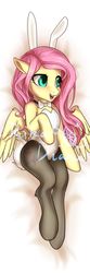 Size: 400x1201 | Tagged: safe, artist:rikadiane, fluttershy, pegasus, pony, g4, body pillow, body pillow design, bowtie, bunny ears, bunny suit, bunnyshy, clothes, cute, female, leotard, mare, obtrusive text, on back, open mouth, pantyhose, shyabetes, signature, solo
