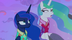 Size: 1920x1080 | Tagged: safe, screencap, princess celestia, princess luna, alicorn, pony, between dark and dawn, g4, clothes, concerned, duo, ethereal mane, female, flowing mane, folded wings, hawaiian shirt, looking at each other, mare, narrowed eyes, open mouth, raised eyebrow, royal sisters, shirt, siblings, sisters, sitting, vacation, worried