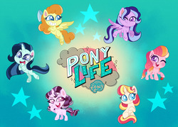 Size: 1280x914 | Tagged: safe, artist:carouselunique, artist:honeycrisp-tales, pumpkin cake, oc, oc:dolly dusk, oc:honeycrisp blossom, oc:ma belle danseuse, oc:primrose prime, oc:ursula star, earth pony, pegasus, pony, unicorn, g4, g4.5, my little pony: pony life, blank flank, my little pony: pony life logo, offspring, older, older pumpkin cake, parent:big macintosh, parent:chancellor neighsay, parent:moondancer, parent:oc:caliper cinch, parent:prince blueblood, parent:princess cadance, parent:rosette nebula, parent:sonata dusk, parent:suri polomare, parents:cadmac, parents:canon x oc, parents:moonblood, parents:neighsaynota, race swap
