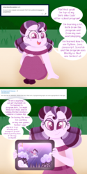 Size: 1000x2000 | Tagged: safe, artist:carouselunique, artist:honeycrisp-tales, oc, oc only, oc:primrose prime, comic:aria's archives, equestria girls, g4, ask, clothes, comic, offspring, parent:oc:caliper cinch, parent:suri polomare, parents:canon x oc, skirt, solo, speech bubble, tablet, talking to viewer, tumblr, video game